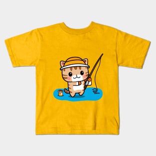 Cat Fishing for Dinner - Cute, and Funny Kawaii Cat Kids T-Shirt